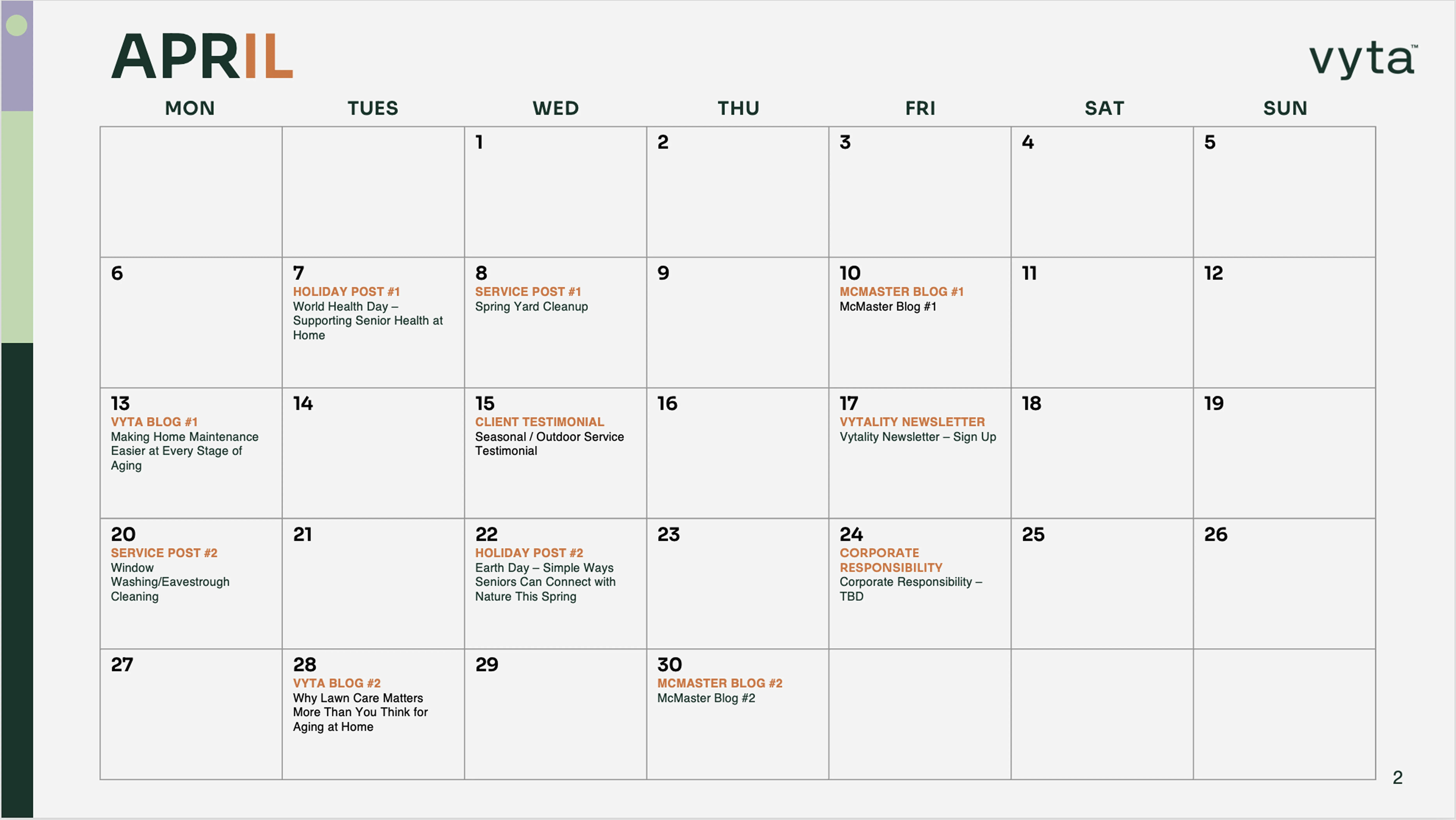 Vyta content calendar April 2026