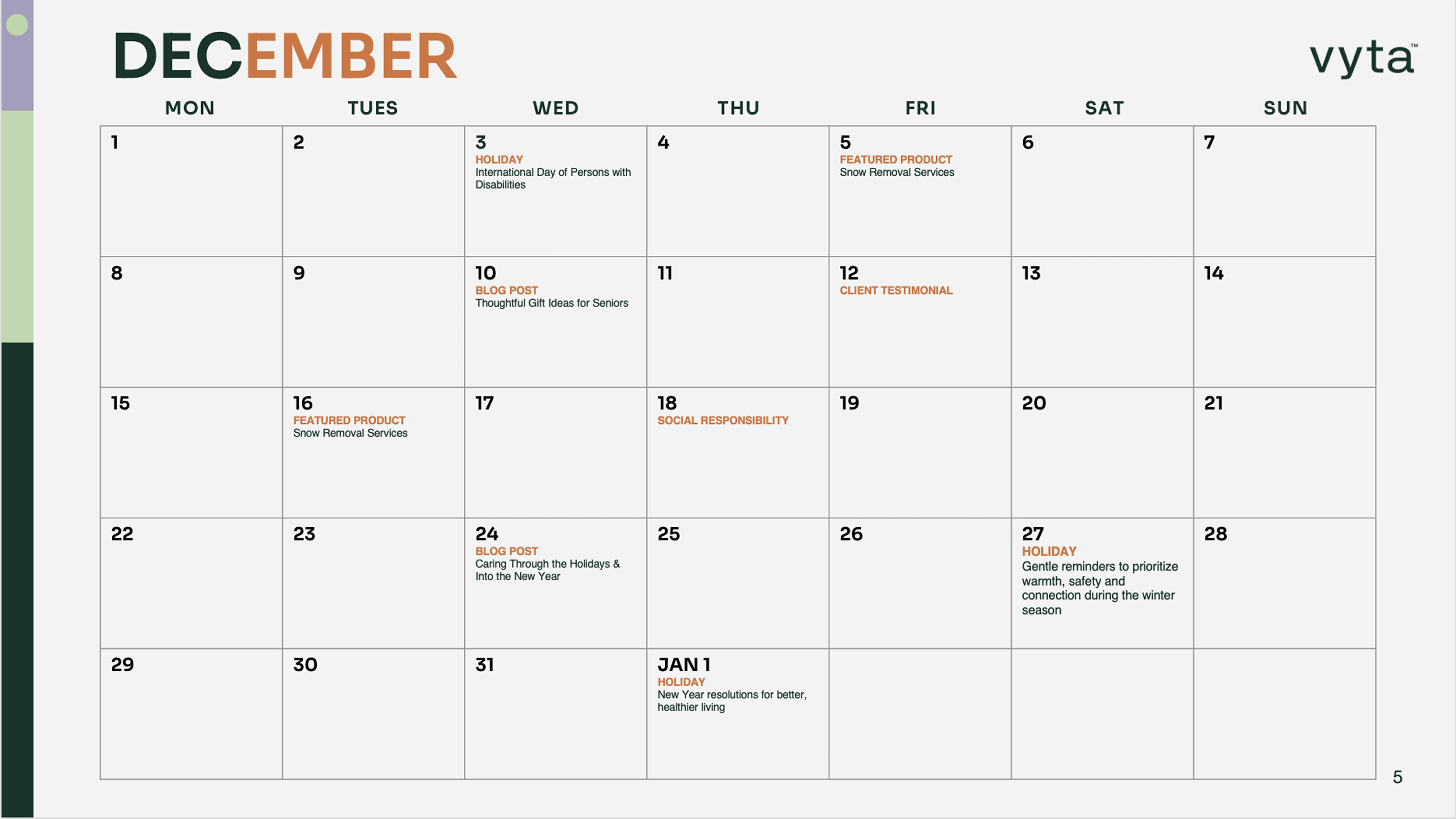 Vyta content calendar December 2025