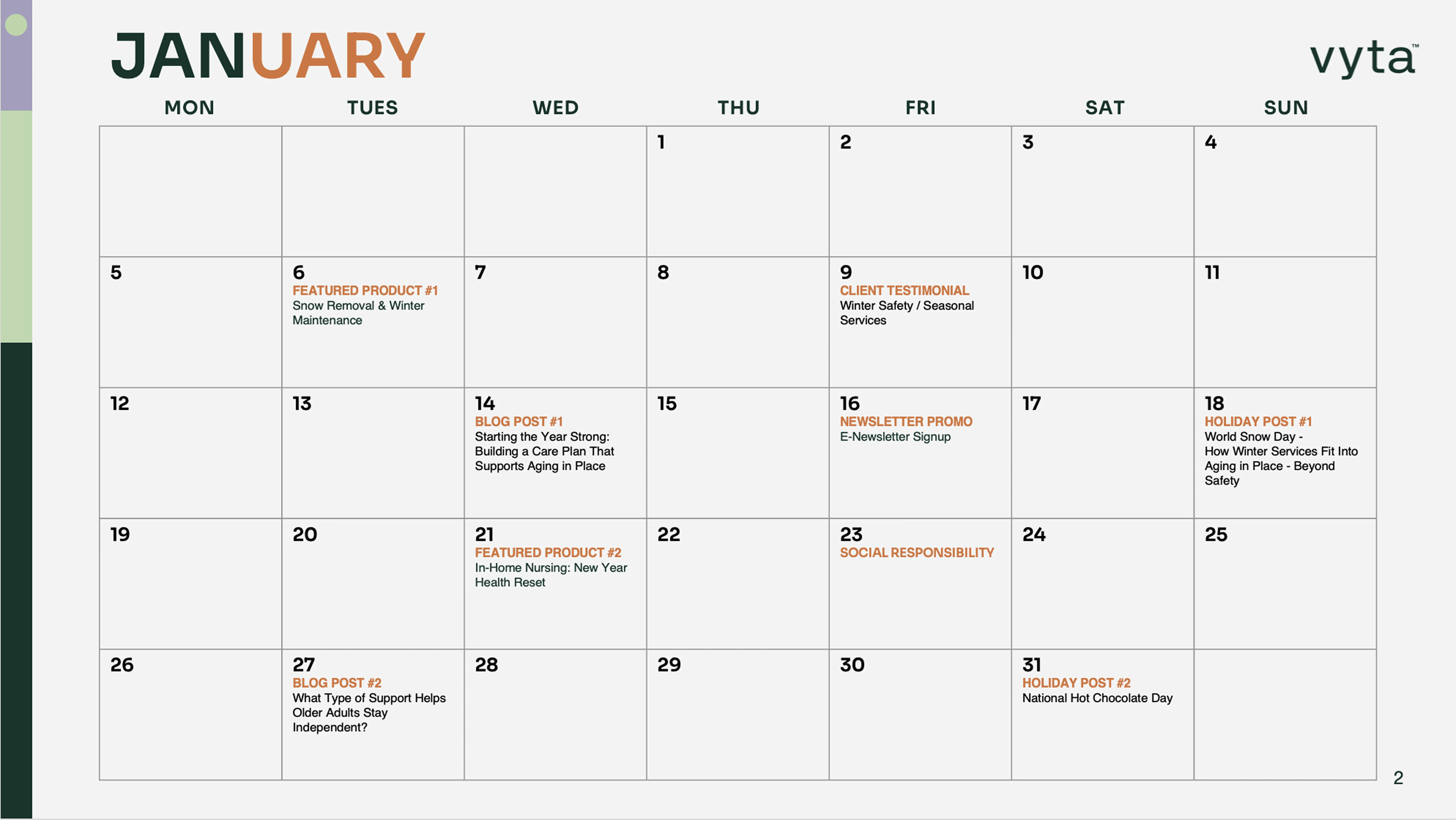 Vyta content calendar January 2026