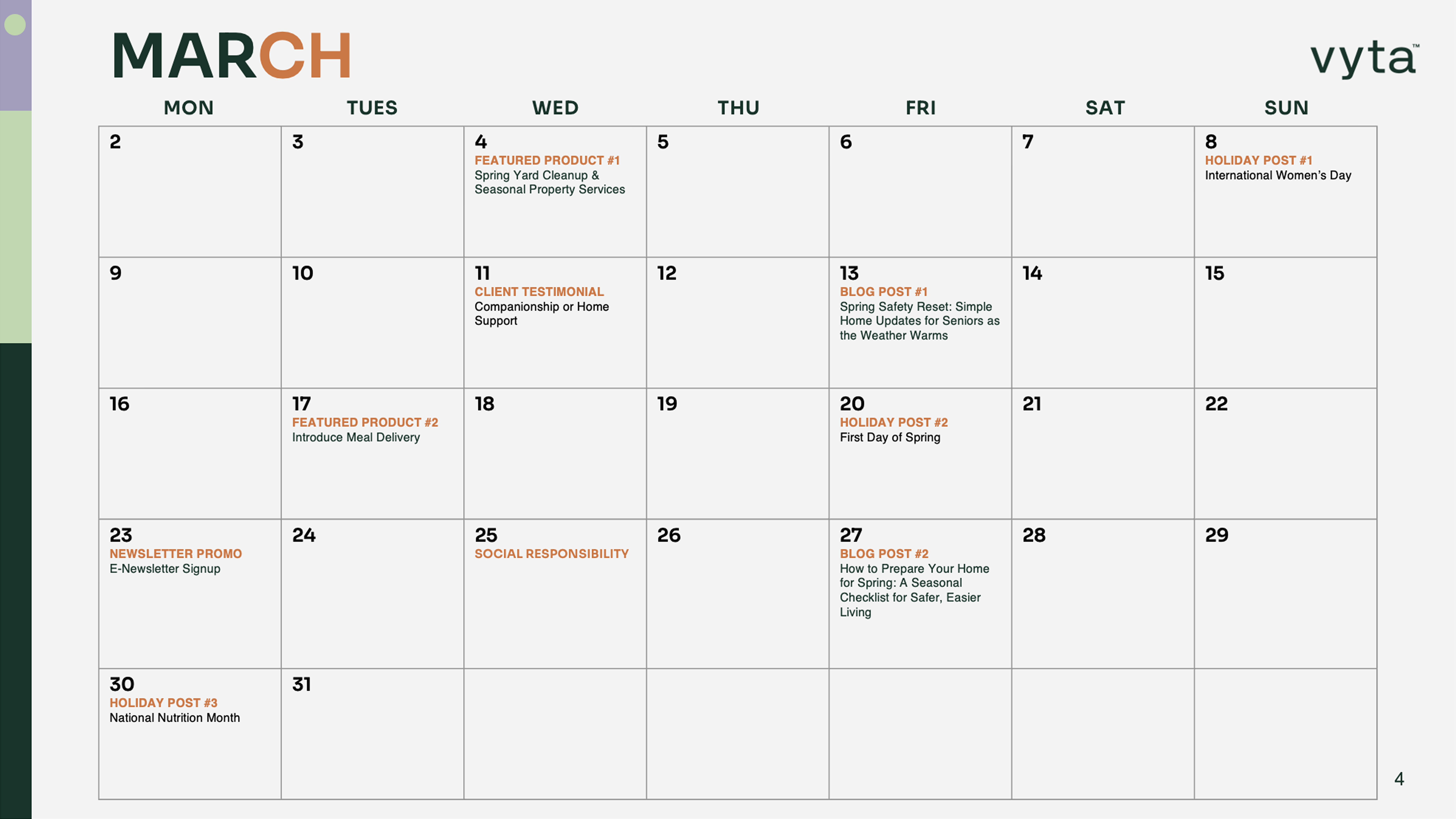 Vyta content calendar March 2026
