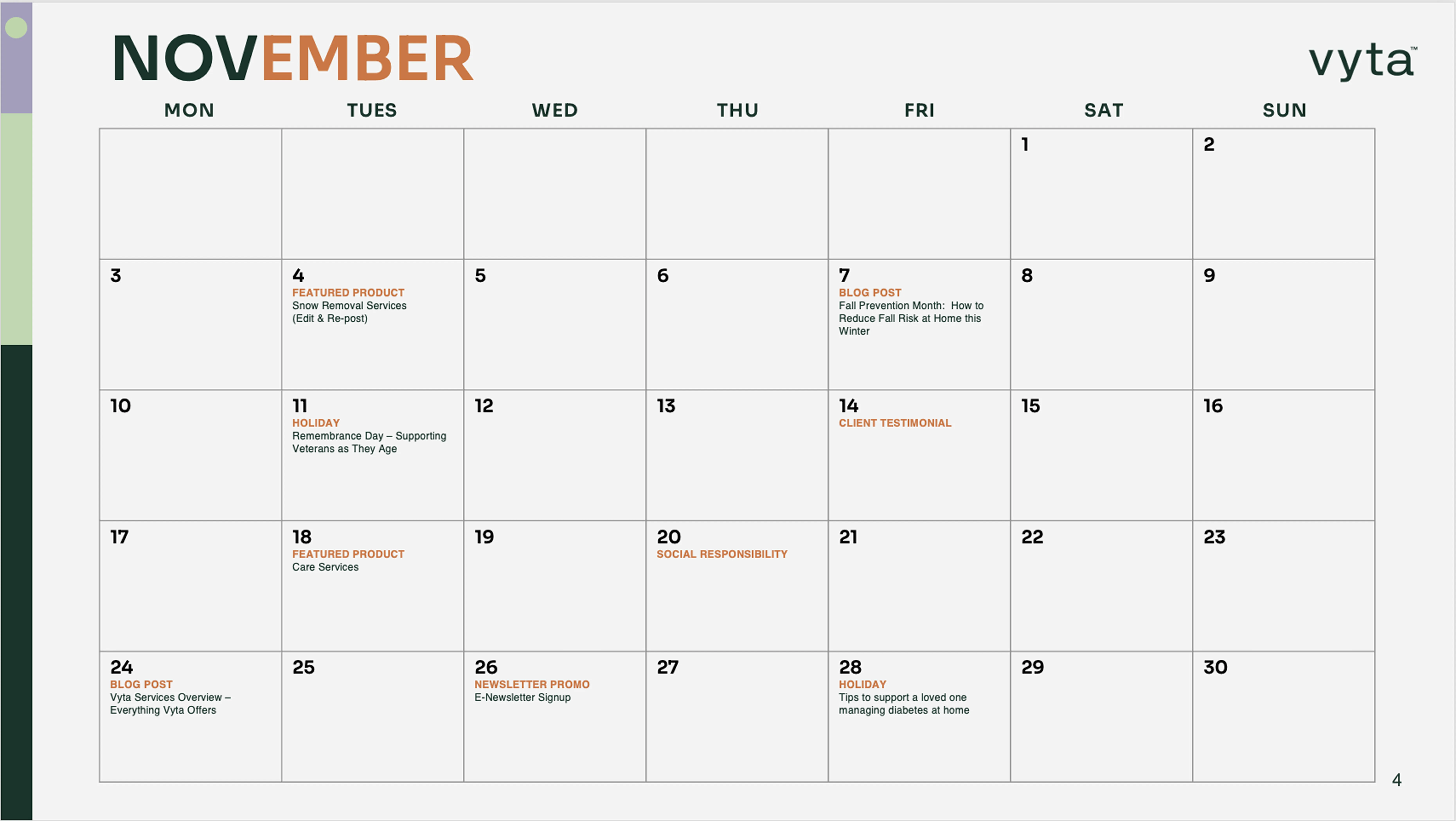 Vyta content calendar November 2025