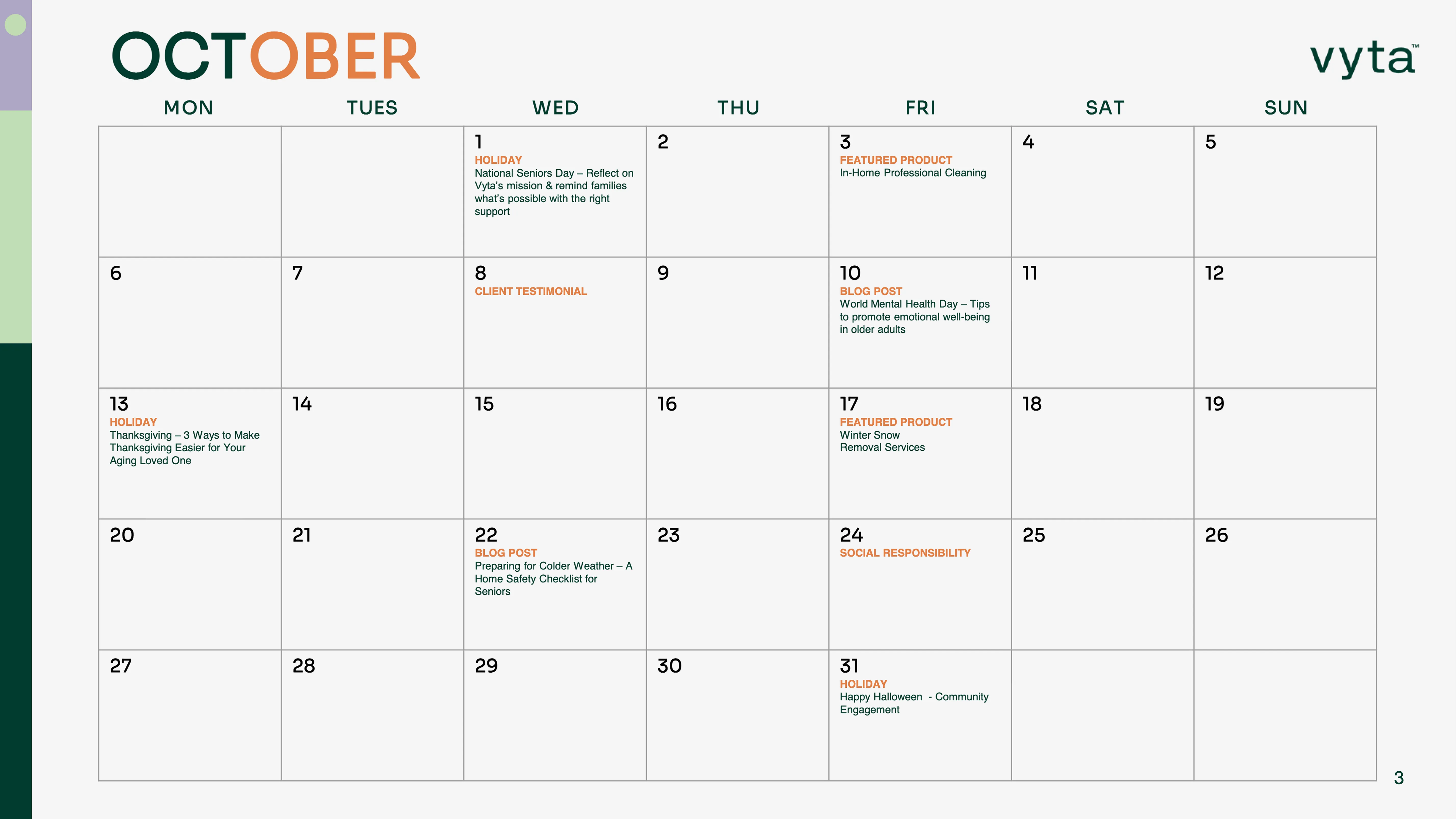 Vyta content calendar October 2025