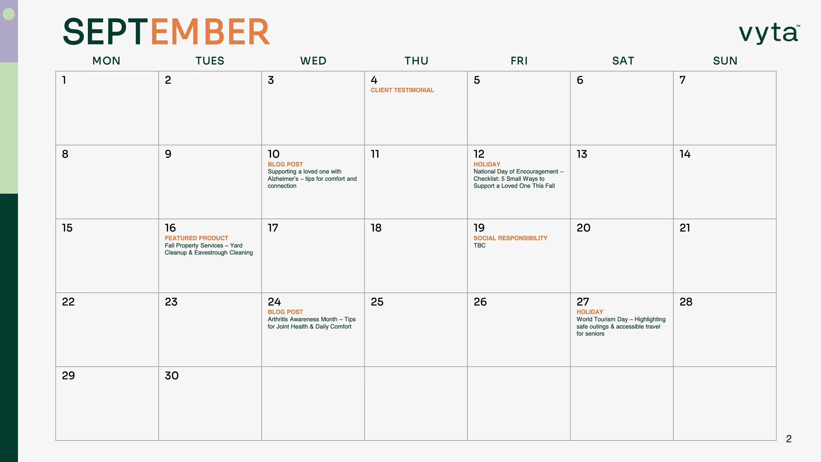 Vyta content calendar September 2025