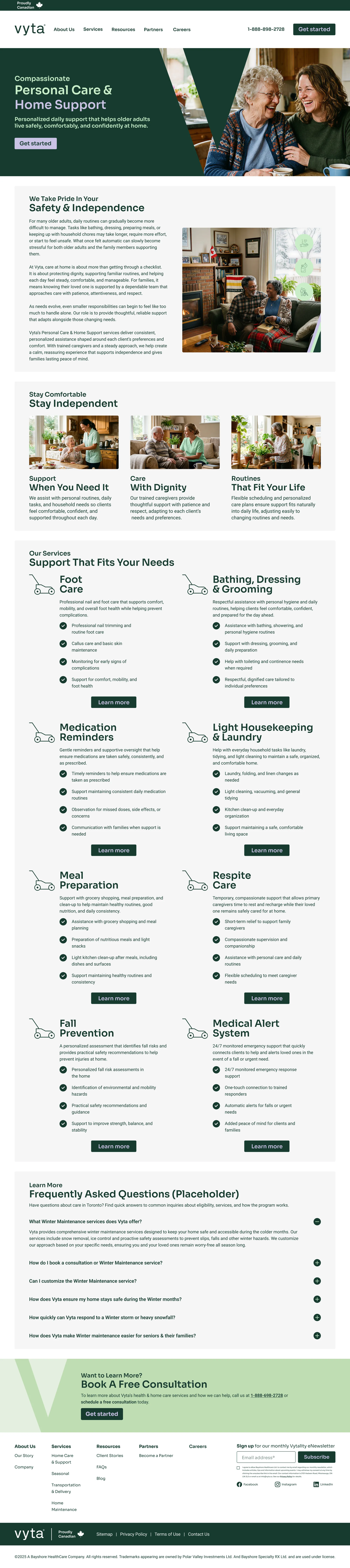 Vyta Personal Care & Home Support page design